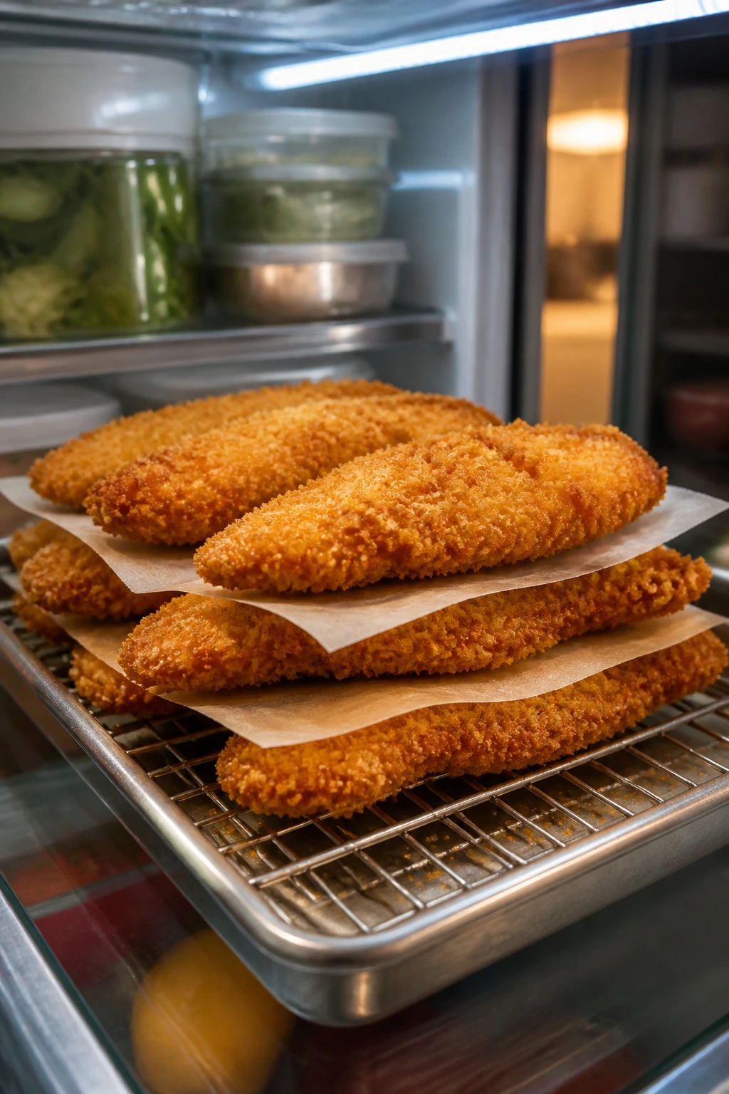 Breaded chicken tenders on a rack inside a fridge