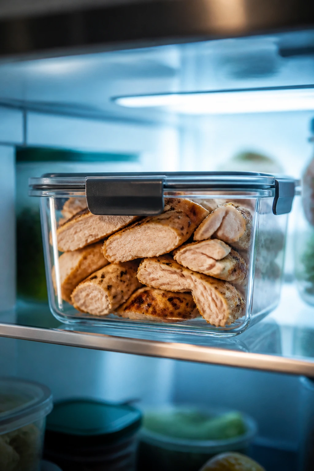 Container of sliced cooked chicken in the fridge