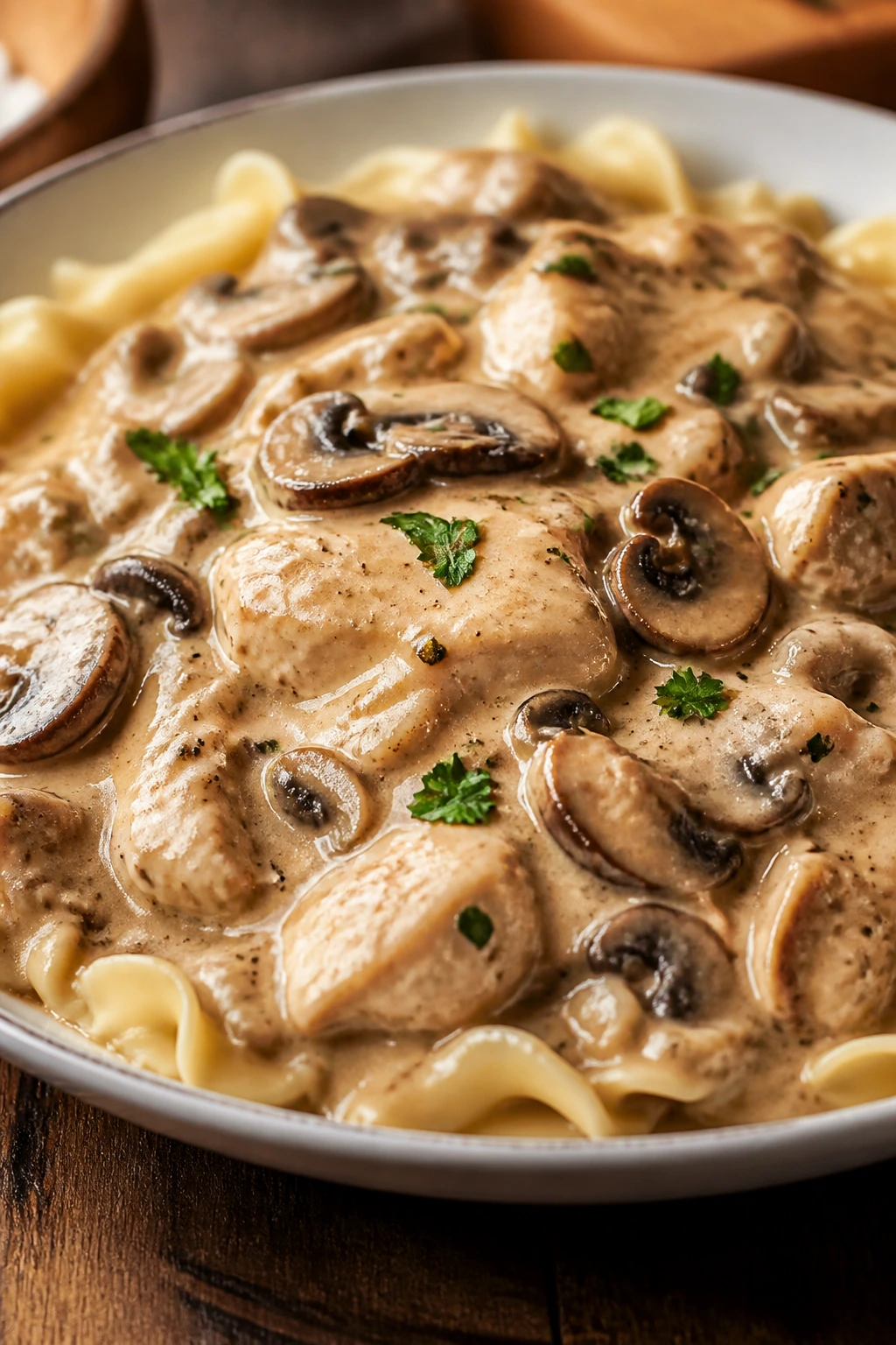 Creamy chicken stroganoff with mushrooms on a plate