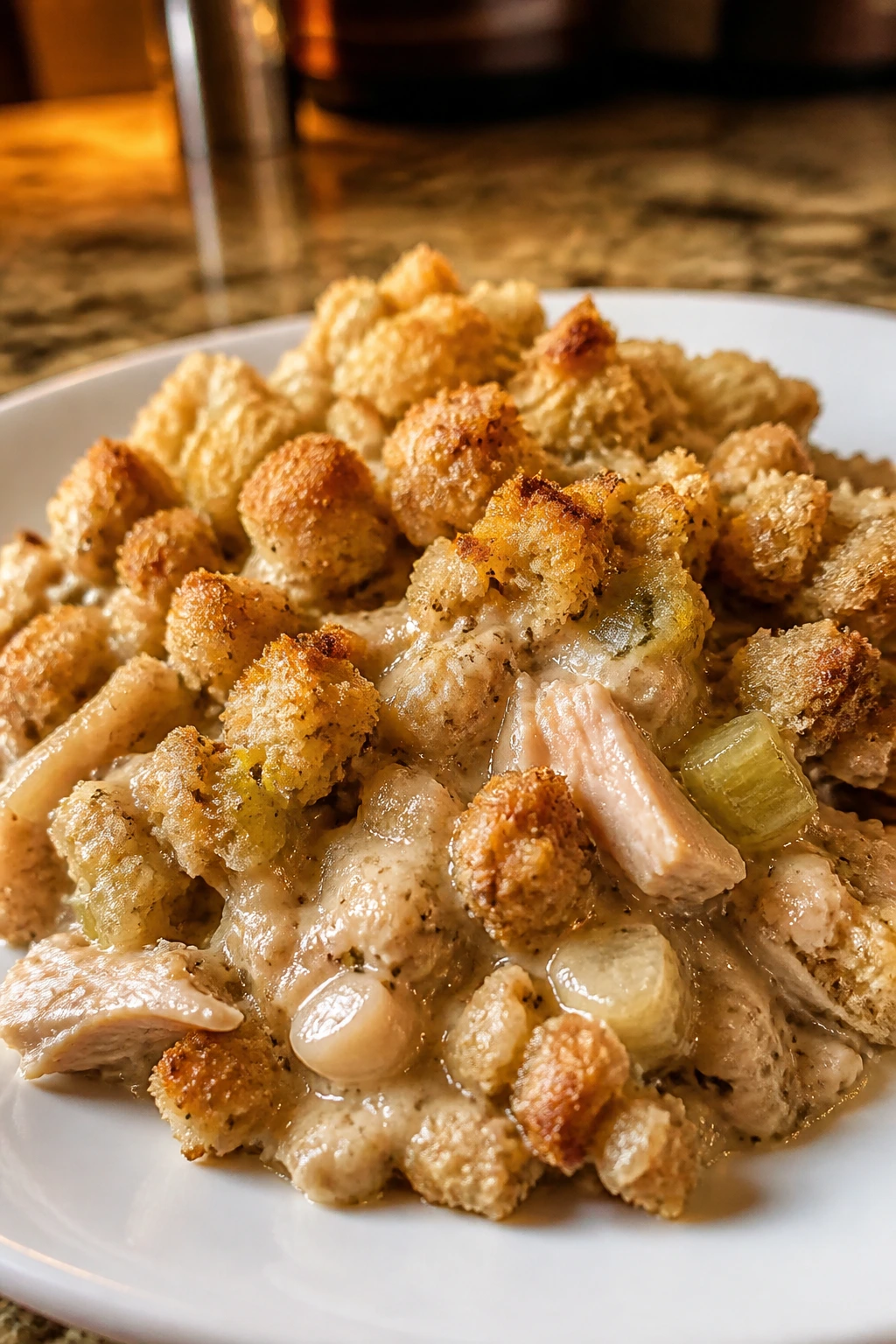 Close-up of creamy chicken and stuffing casserole on a plate in a cozy kitchen