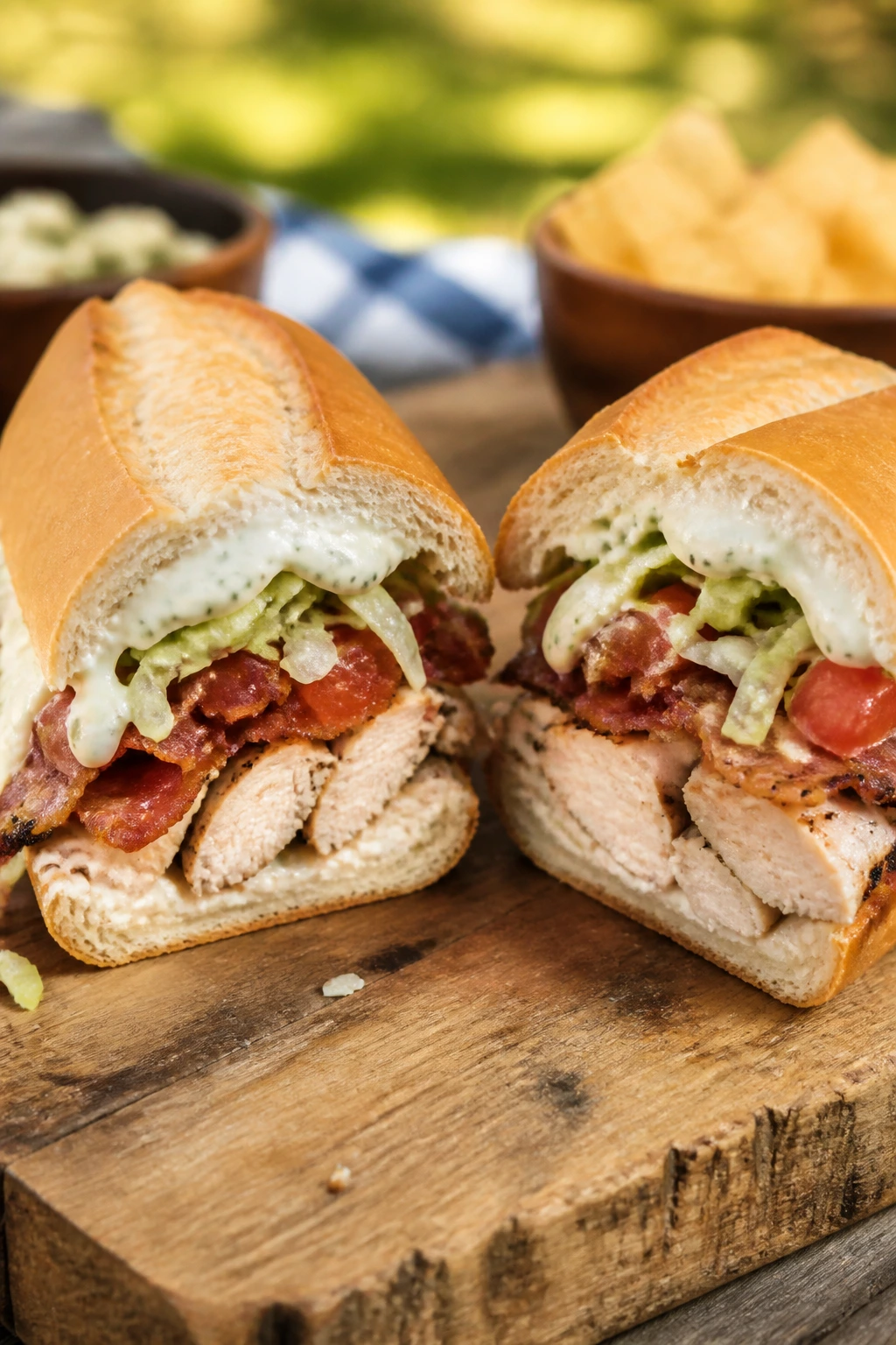 Close-up of chicken bacon ranch sub halves on rustic board