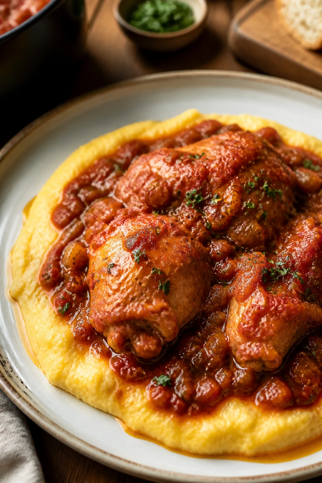 Close-up of chicken sugo over polenta in a warm kitchen setting.