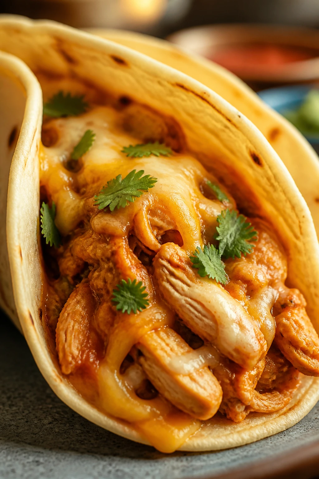 Chicken taco filling held in a warm tortilla on a plate.