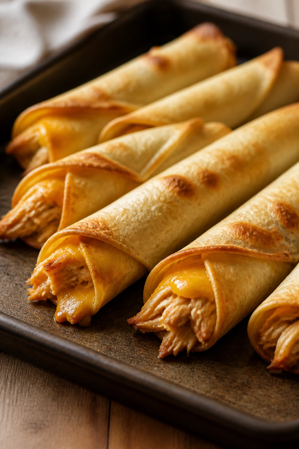 Close-up of crispy chicken and cheese taquitos on a baking sheet