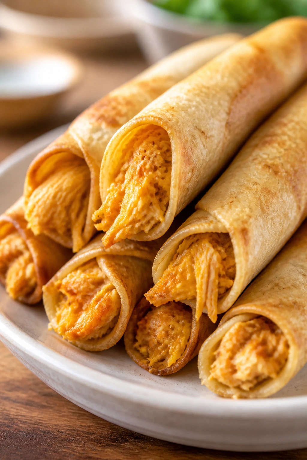 Crispy chicken taquitos arranged on a plate in a warm kitchen
