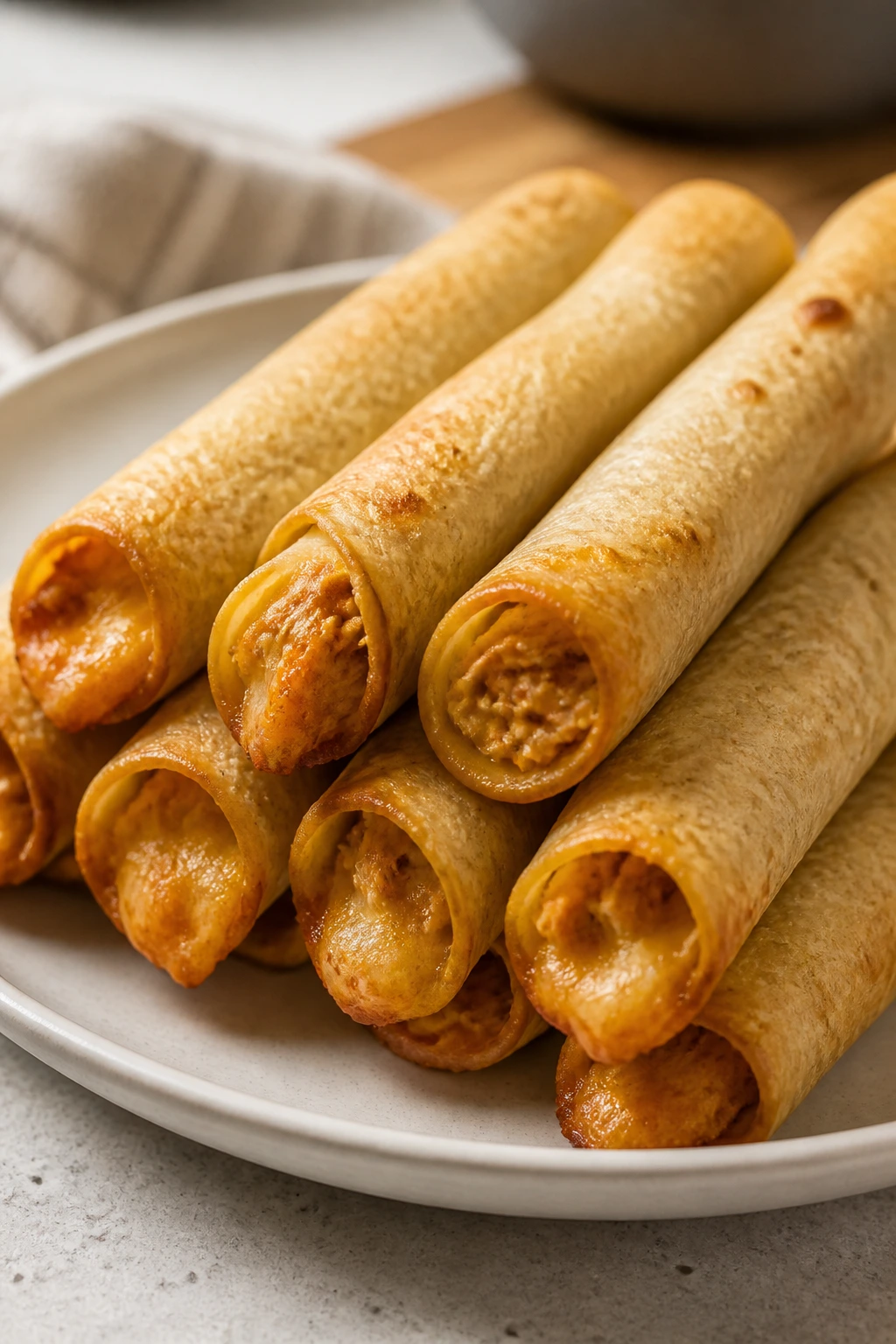 Close-up of baked chicken taquitos on a plate in a warm kitchen