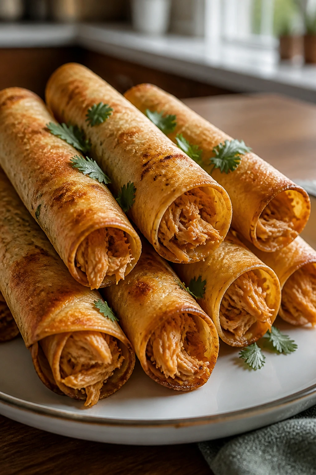 Close-up of crispy chicken taquitos on a plate in a home kitchen