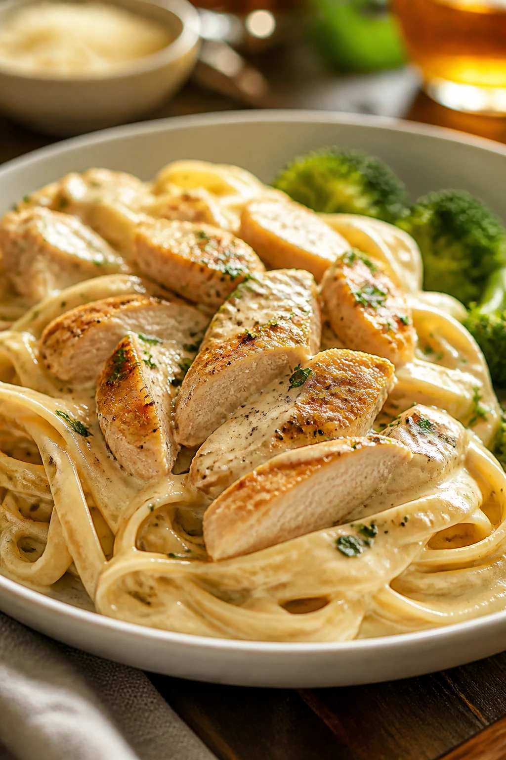 Creamy Alfredo pasta with chicken tenders and broccoli on a plate