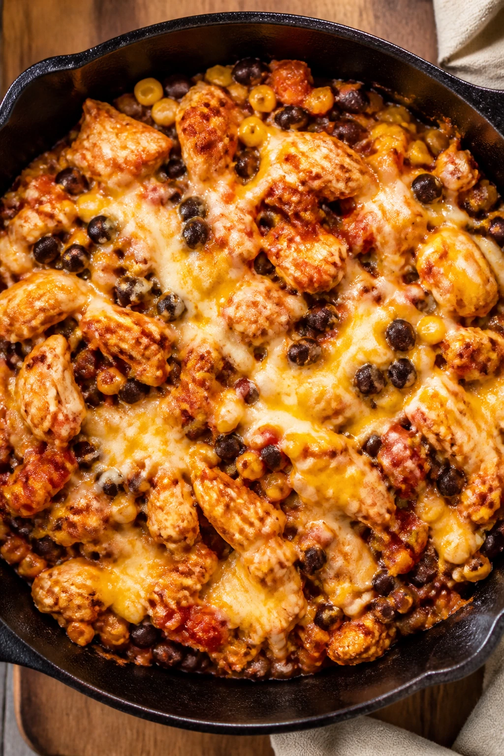 Skillet chicken taco mixture with beans corn salsa and melted cheese in cast-iron pan