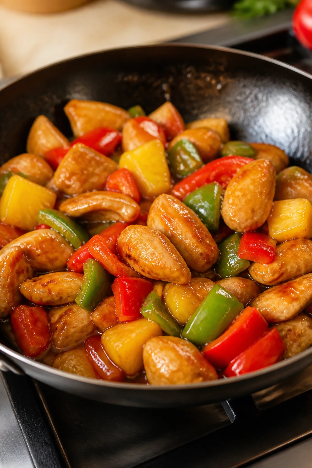 Close-up of sweet and sour chicken tender stir-fry with pineapple and peppers in a pan