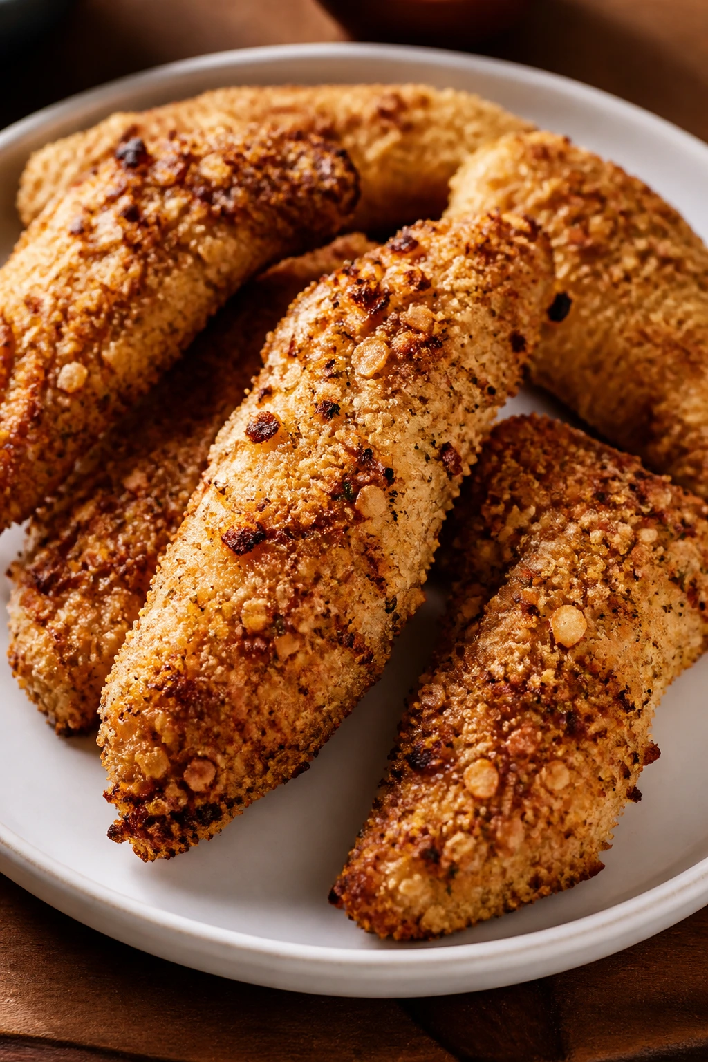 Almond-crusted chicken tenders on a plate showing crisp coating