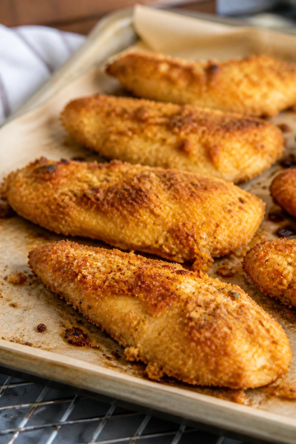Crispy oven-baked chicken tenders on a parchment-lined sheet pan.