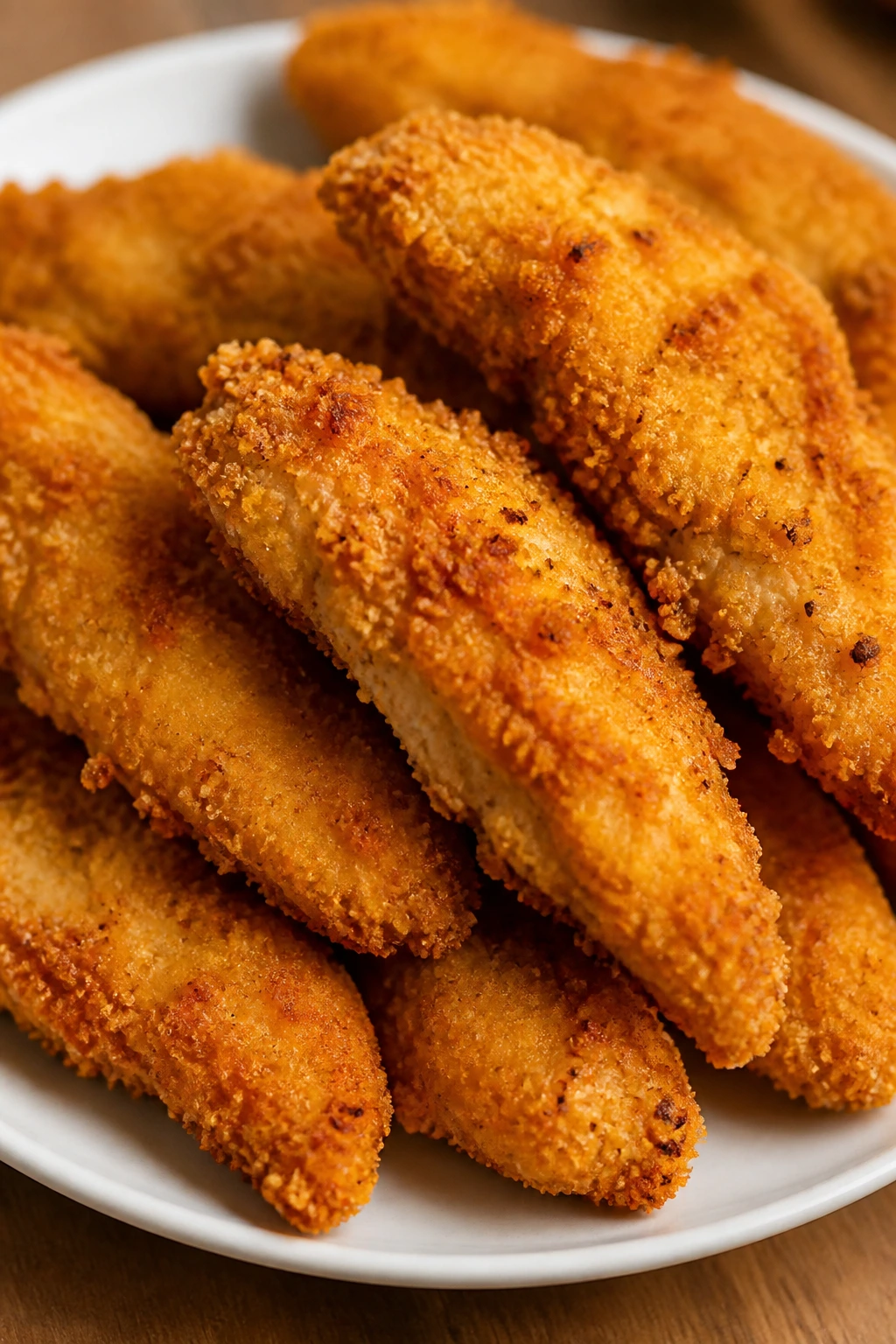 Golden baked chicken tenders on a plate.