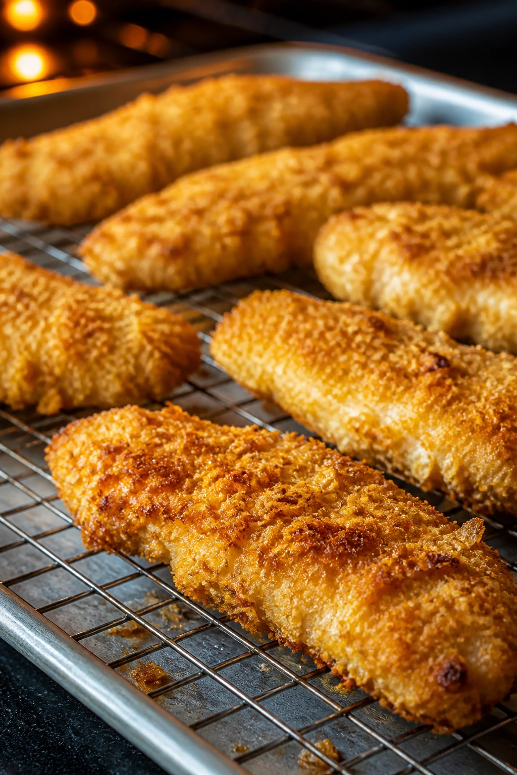 Close-up of crispy baked chicken tenders on a rack.
