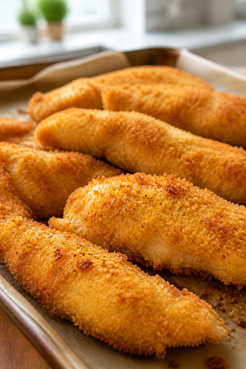 Close-up of crispy baked chicken tenders on a baking sheet