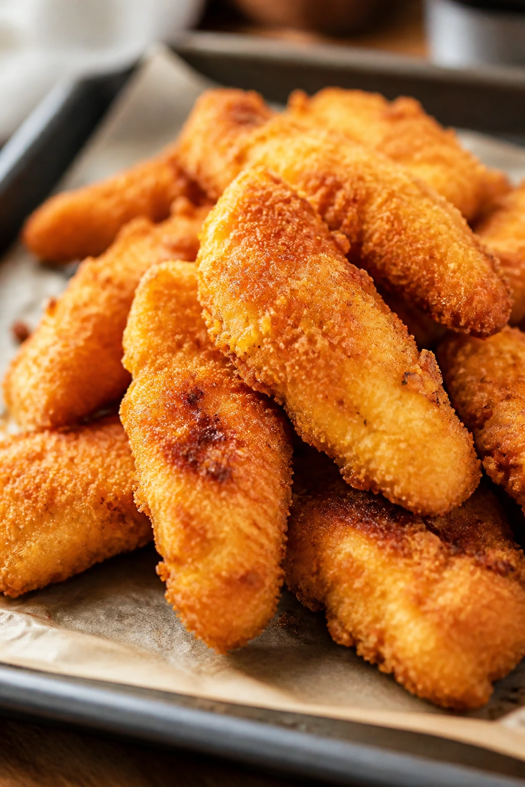 Golden baked chicken tenders on a parchment-lined sheet