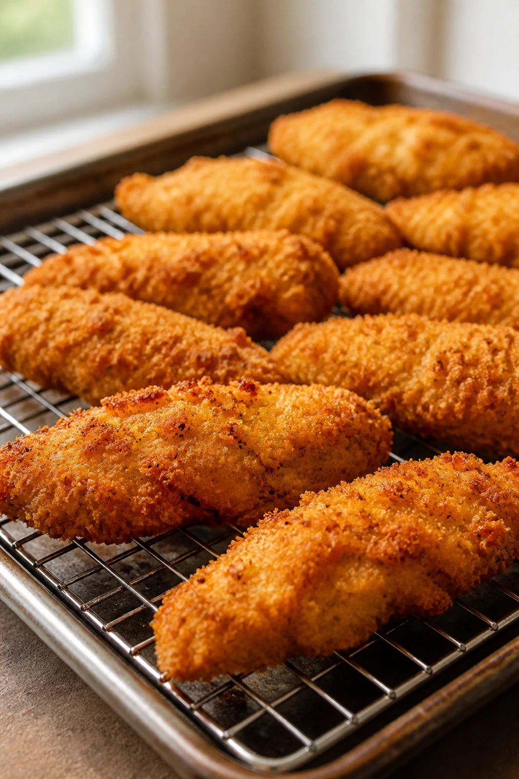 Golden crispy baked chicken tenders on a wire rack in a bright kitchen