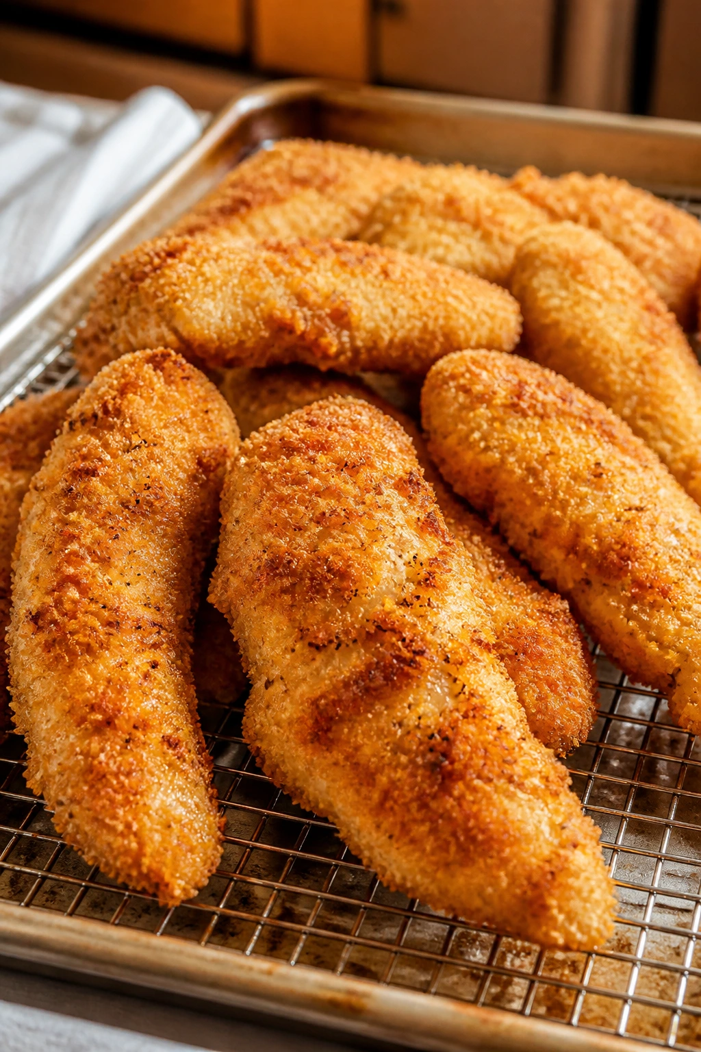 Crispy baked chicken tenders on a wire rack