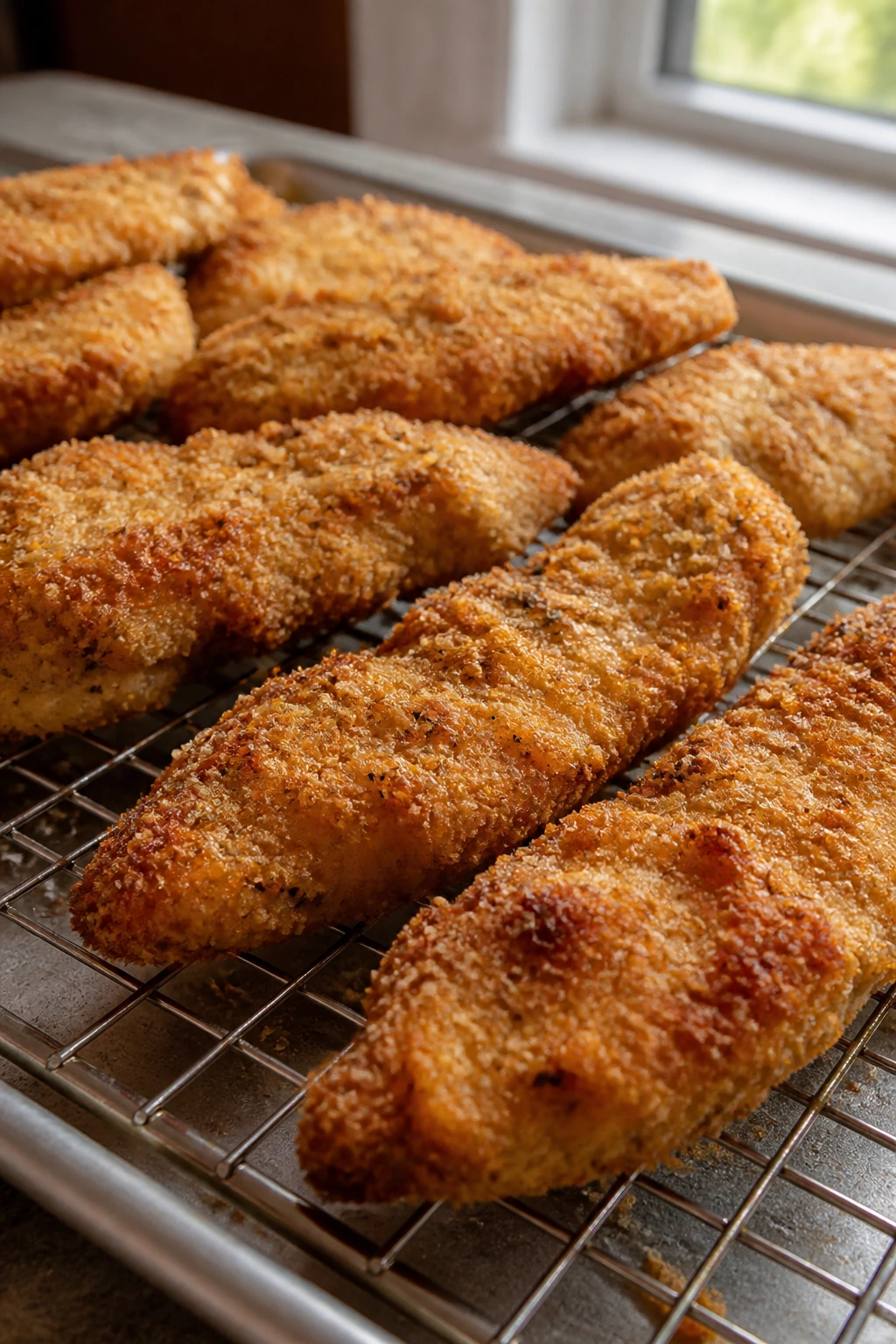 Close-up of golden crispy baked chicken tenders on a rack in a kitchen
