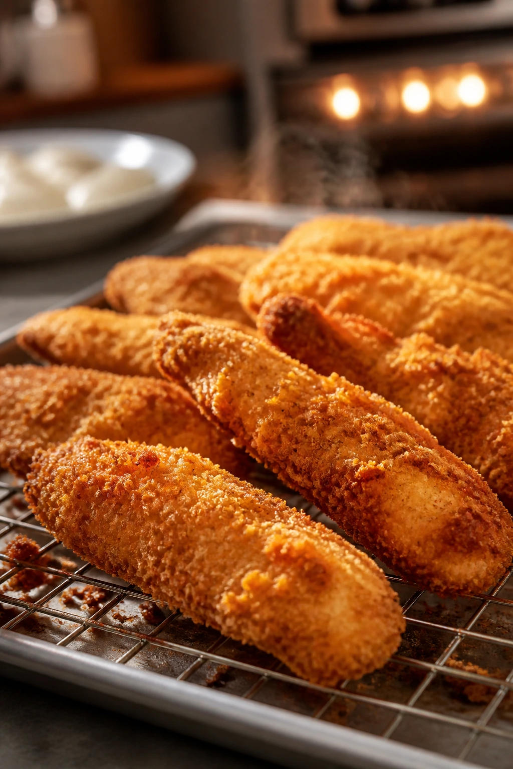 Crispy baked chicken tenders with panko crust on a rack