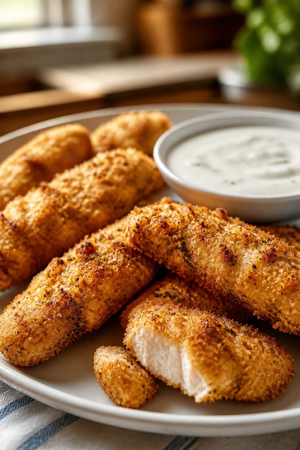 Crispy baked ranch chicken tenders with yogurt dip