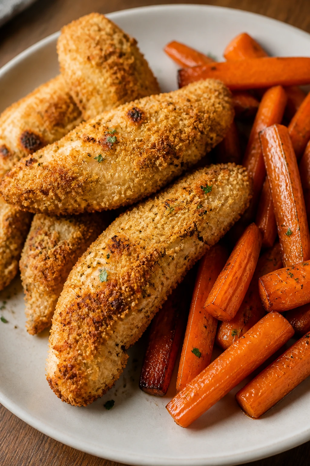 Close-up of crispy baked chicken tenders with roasted carrots on a plate