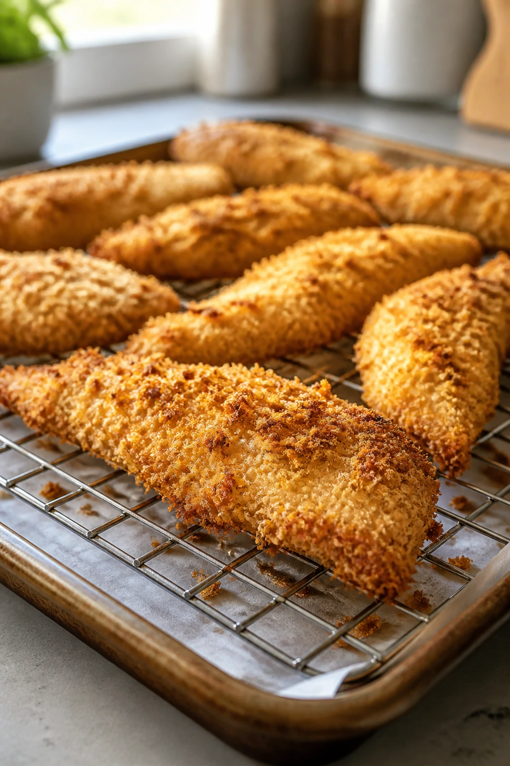 Close up of crispy baked chicken tenders with golden crust