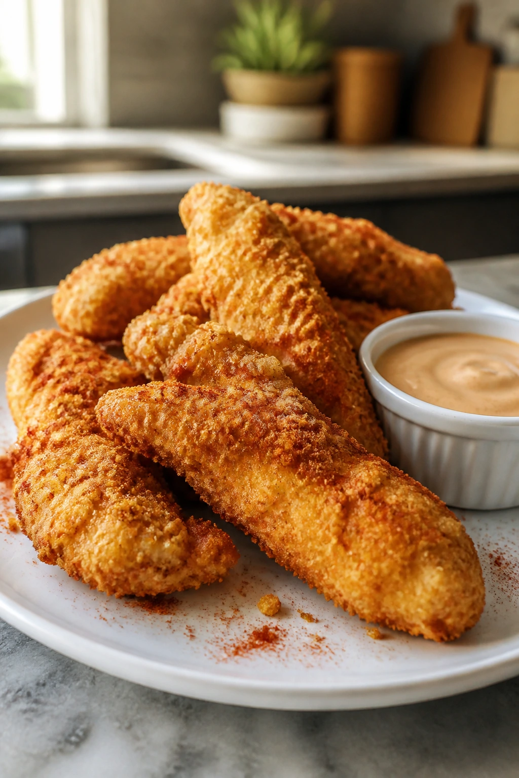 Close-up of crispy oven-baked chicken tenders with dipping sauce