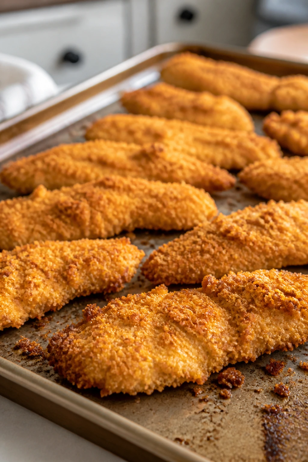 Close-up of golden crispy chicken tenders on a baking sheet