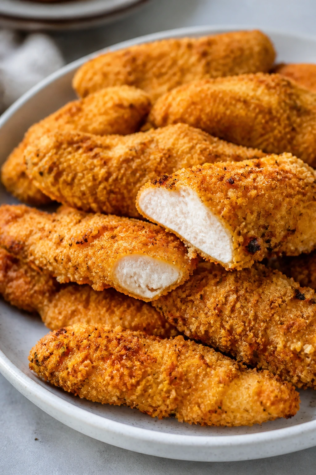 Close-up of crispy baked chicken tenders on a plate, golden crust