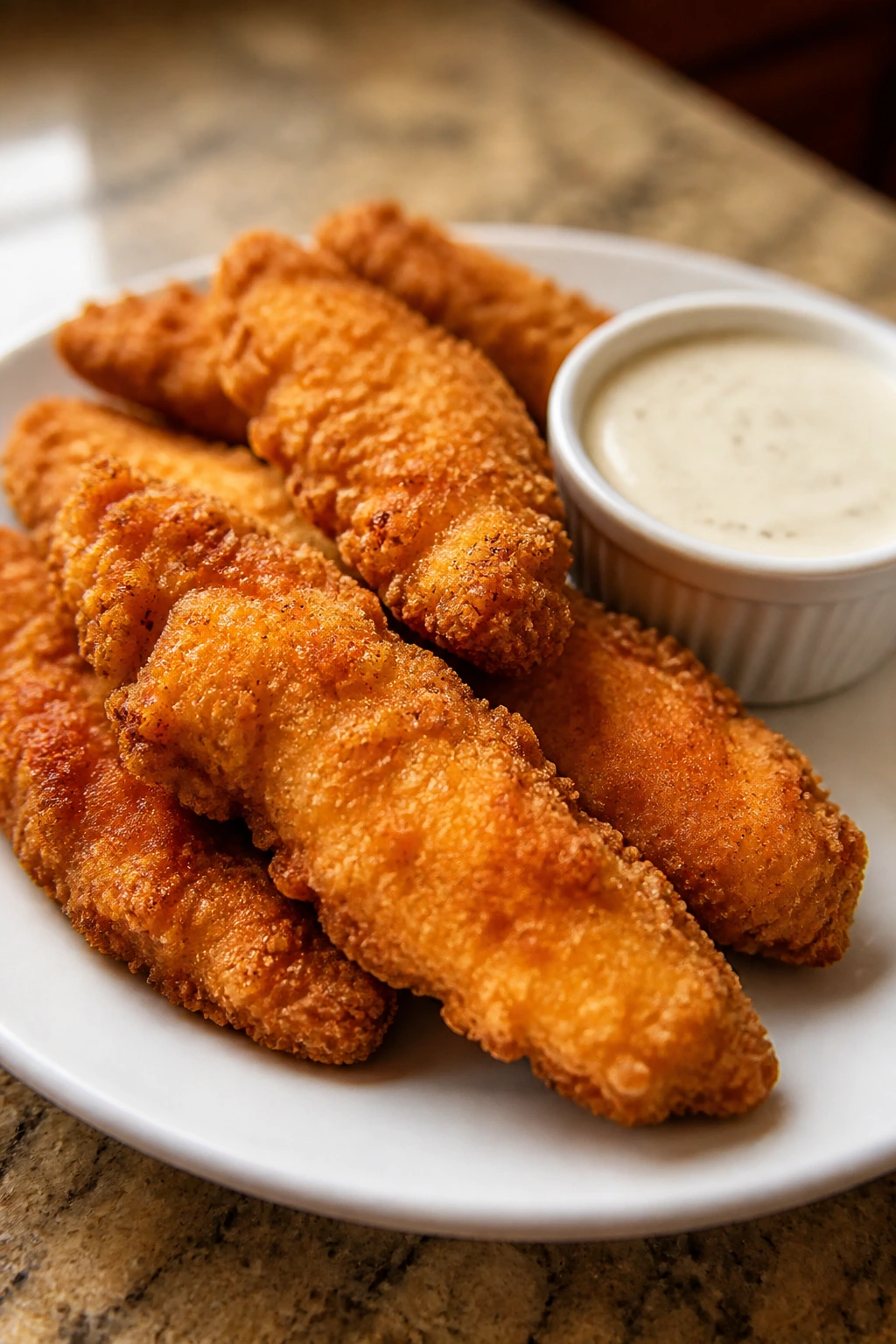 Close-up of crispy chicken tenders with a dipping sauce
