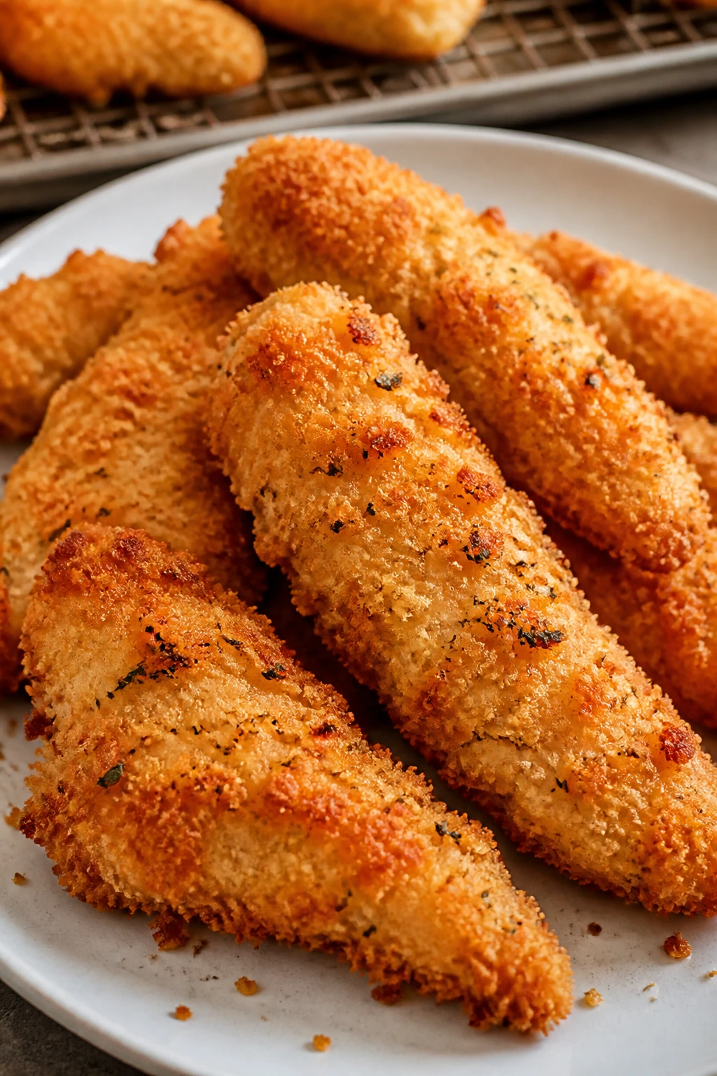Close-up of crispy oven chicken tenders on a plate in a warm home kitchen