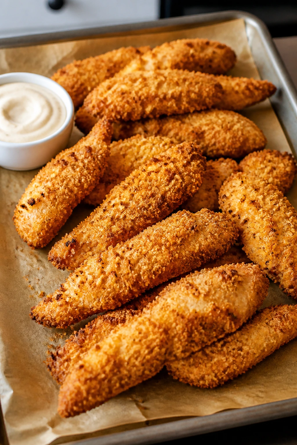 Pile of crispy oven chicken tenders on a sheet pan with dipping sauce