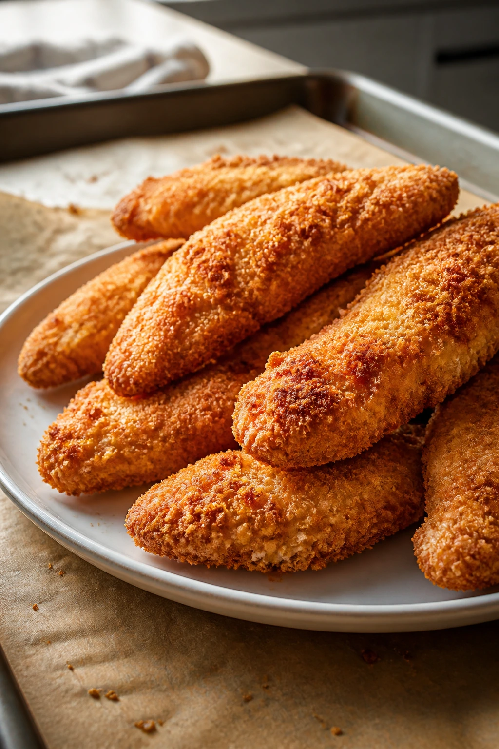 Golden crispy chicken tenders on a plate with parmesan crust