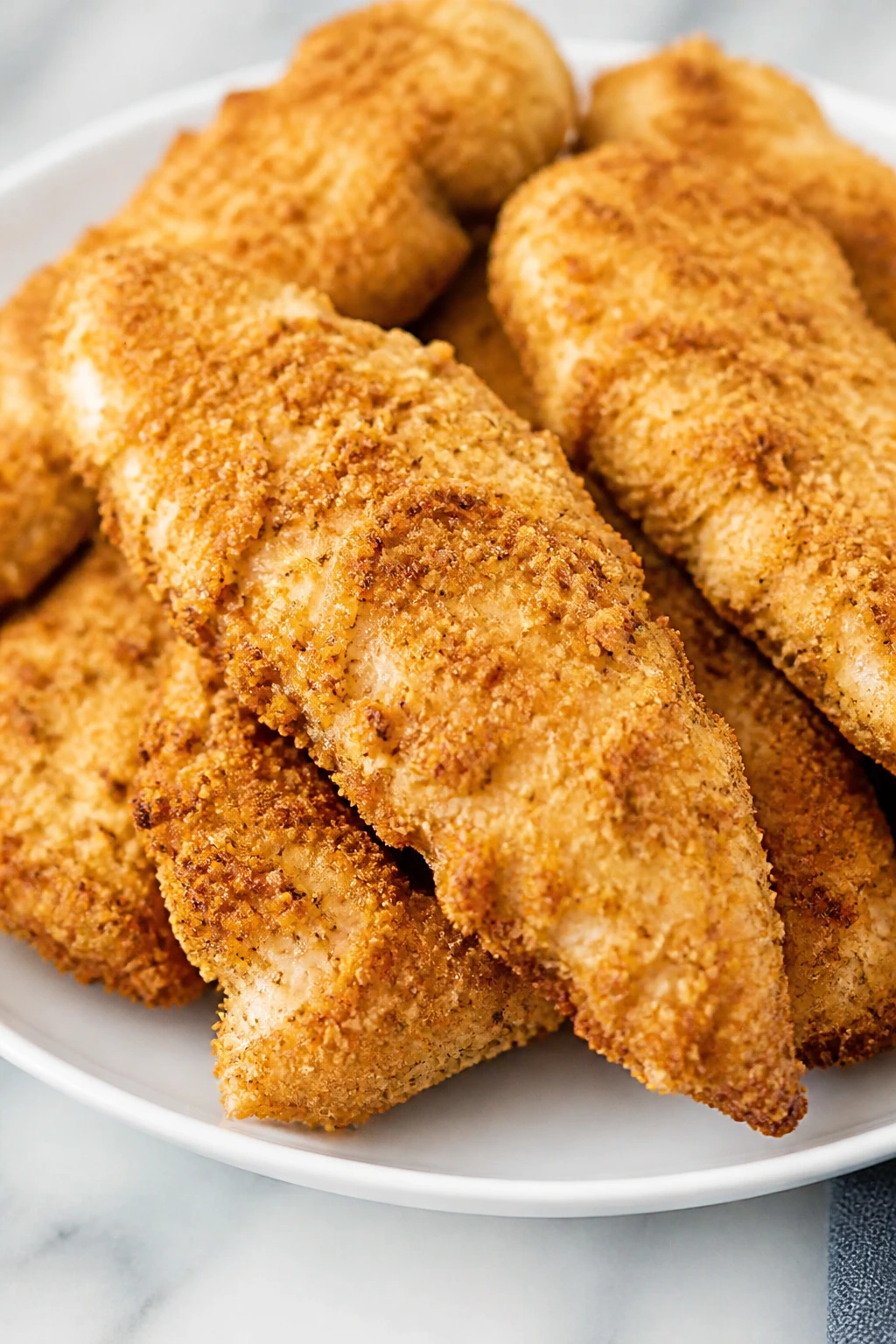 Close-up of crispy oven-baked chicken tenders on a plate.
