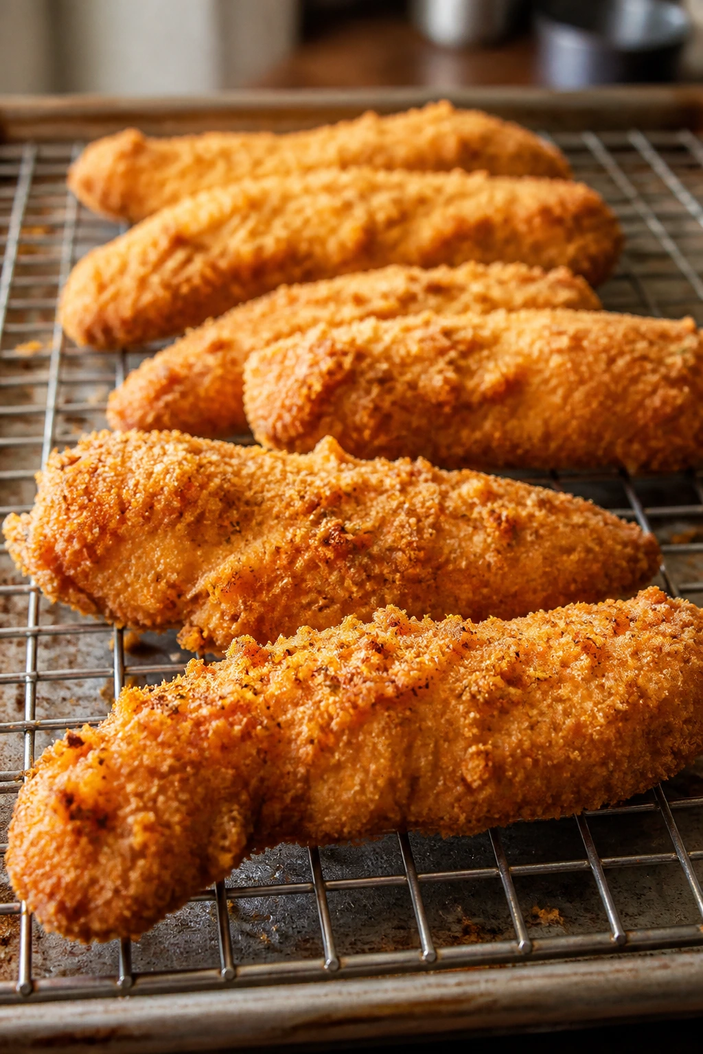 Close-up of crispy oven-baked chicken tenders on a wire rack in a warm kitchen
