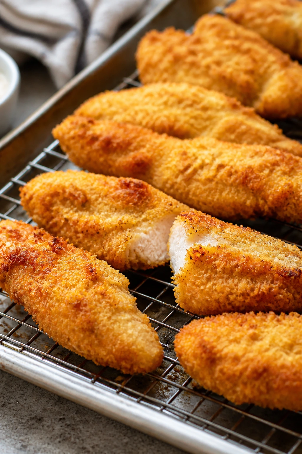 Close-up of crispy baked chicken tenders on a sheet pan