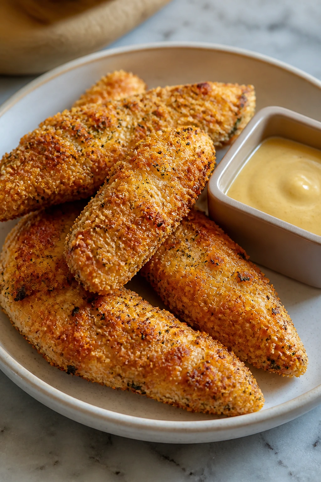 Crispy baked chicken tenders with a dipping sauce cup