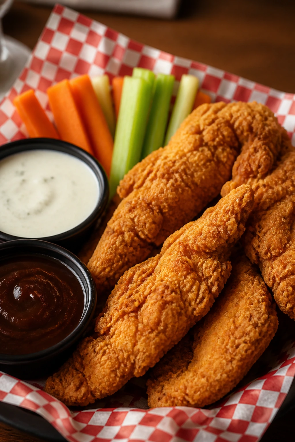 Crispy chicken tenders in a basket with two dipping sauces