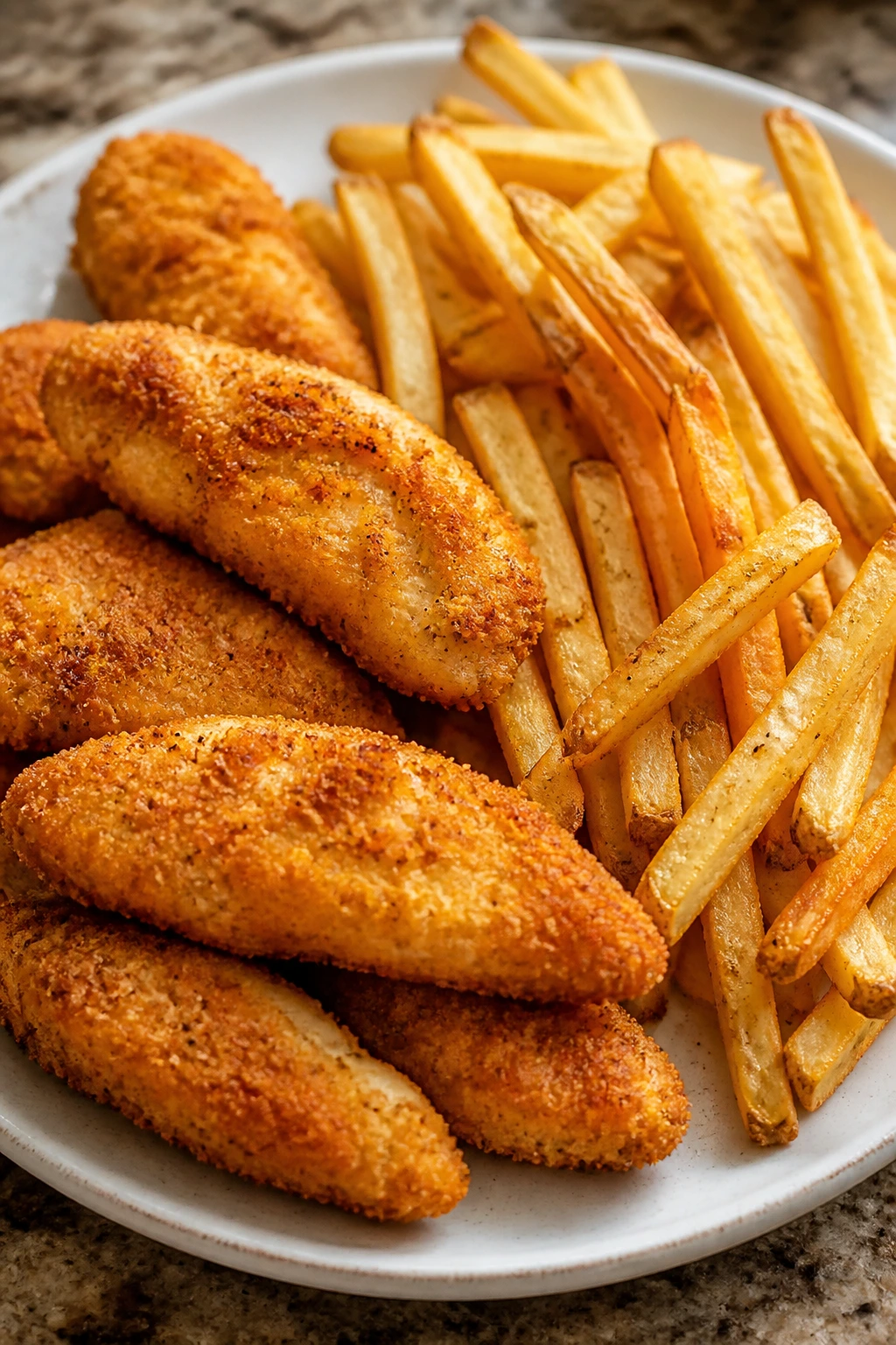 Crispy baked chicken tenders with fries on a serving platter