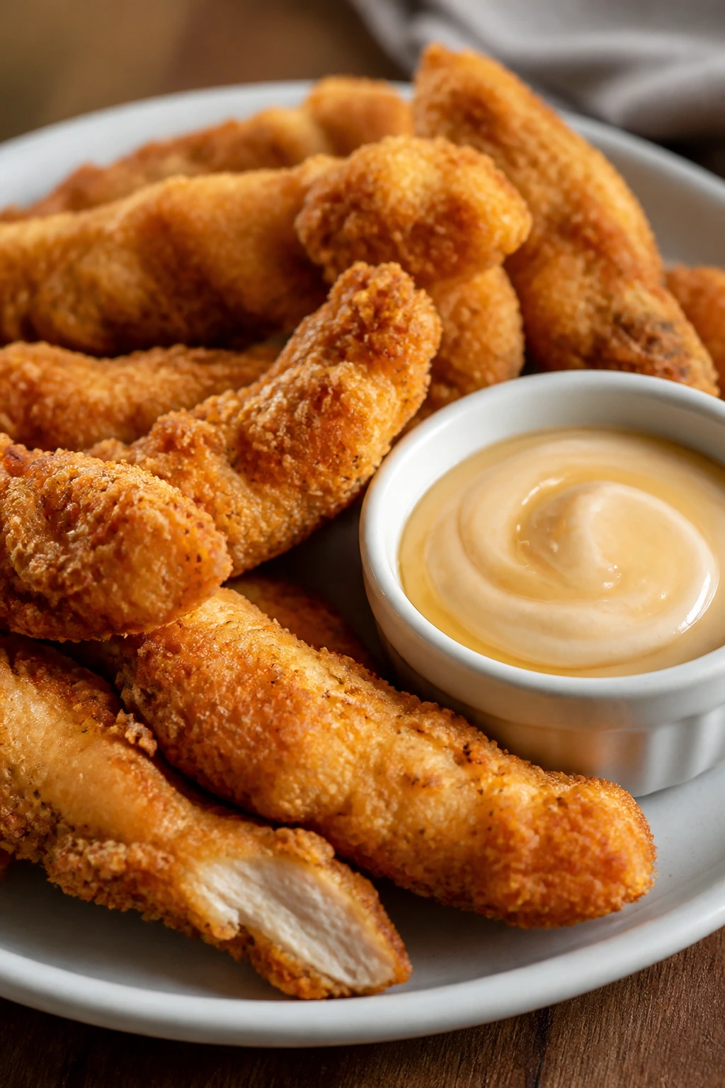 Crispy chicken tenders with honey yogurt dip on a plate in a cozy kitchen.