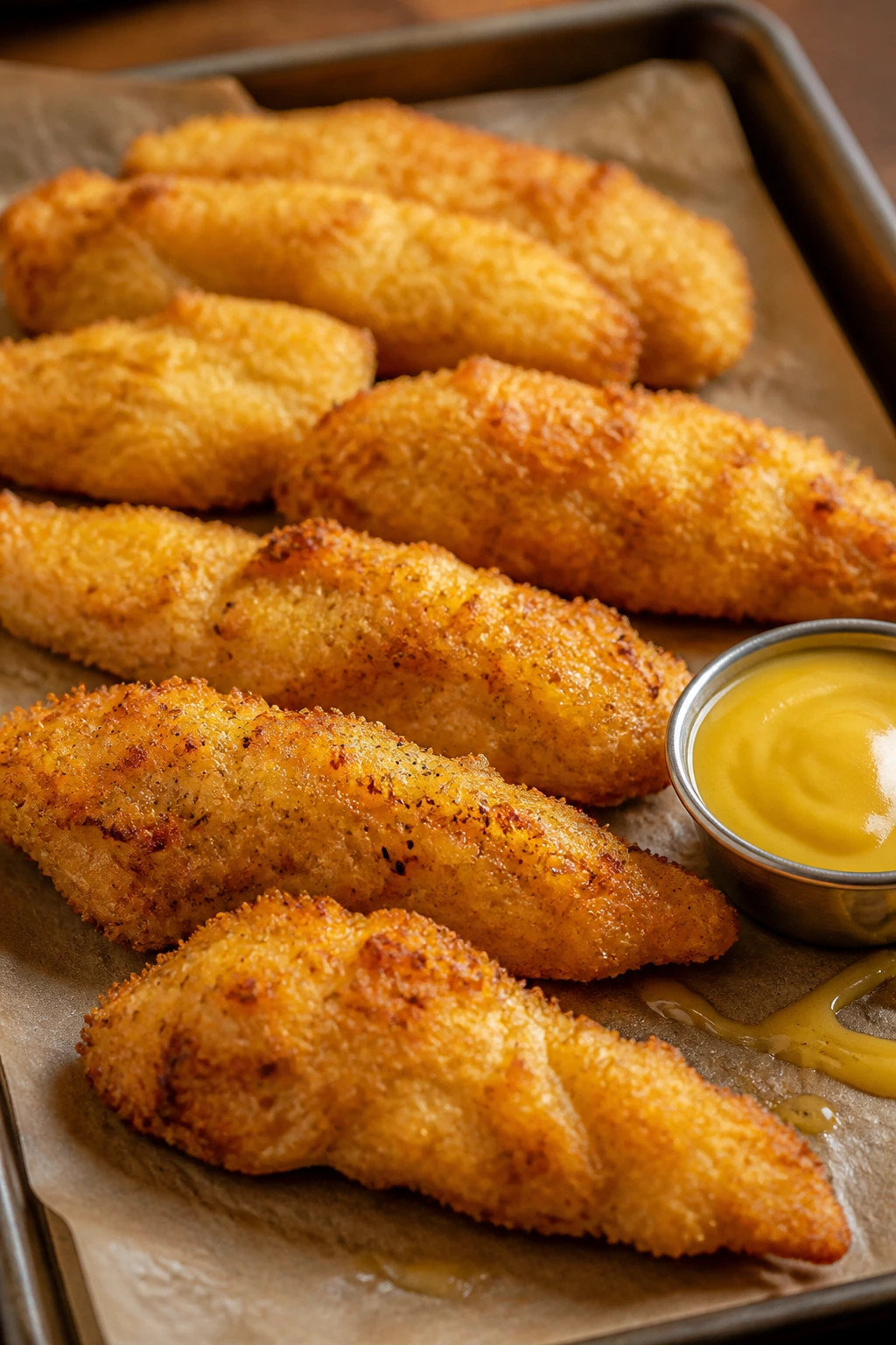 Golden honey mustard chicken tenders on parchment on a sheet pan