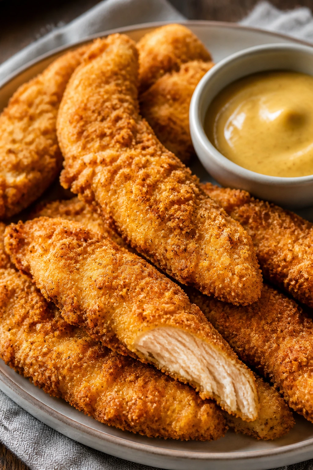 Crispy baked chicken tenders with honey mustard dip on a plate