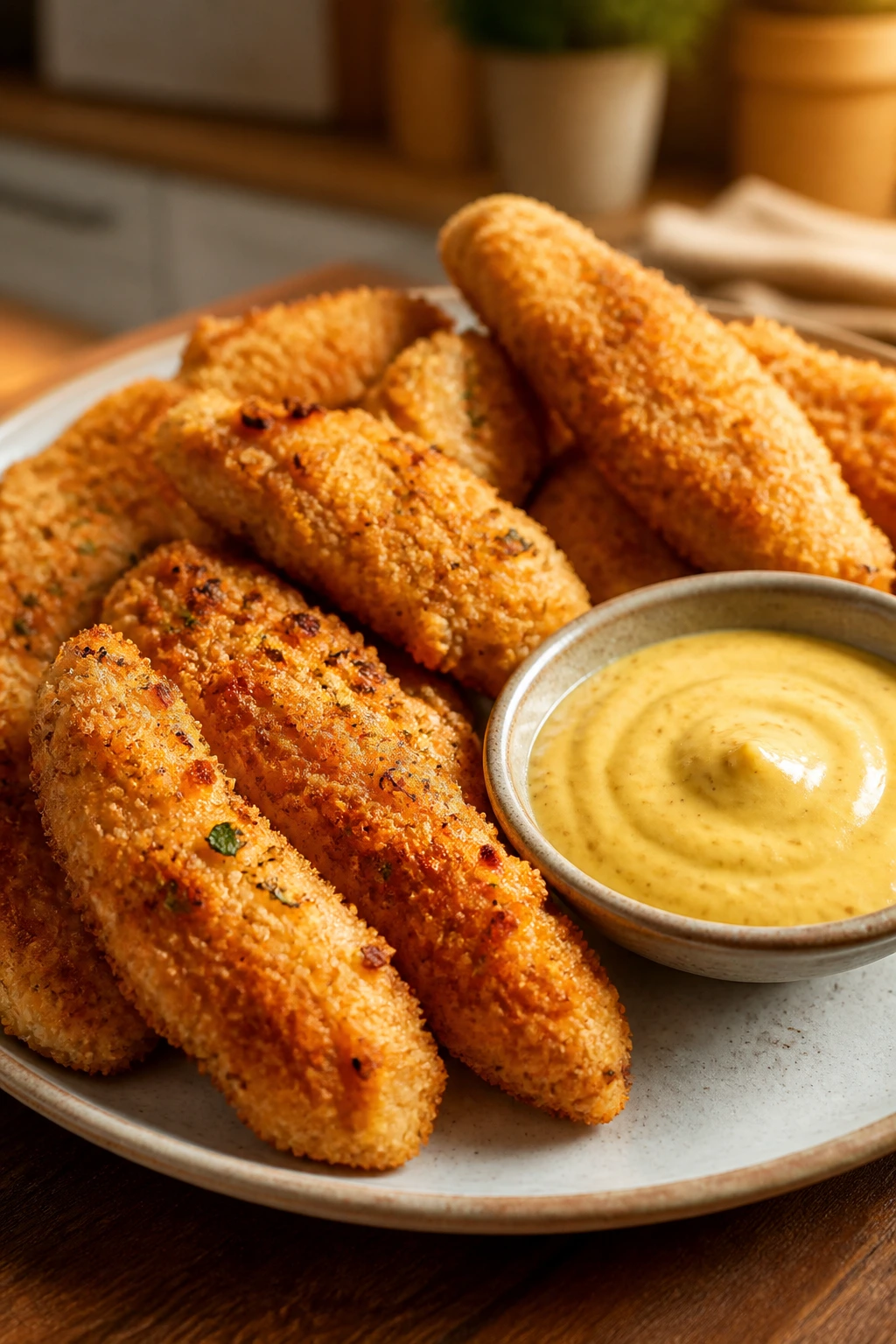 Close-up of crispy baked chicken tenders with honey mustard dip