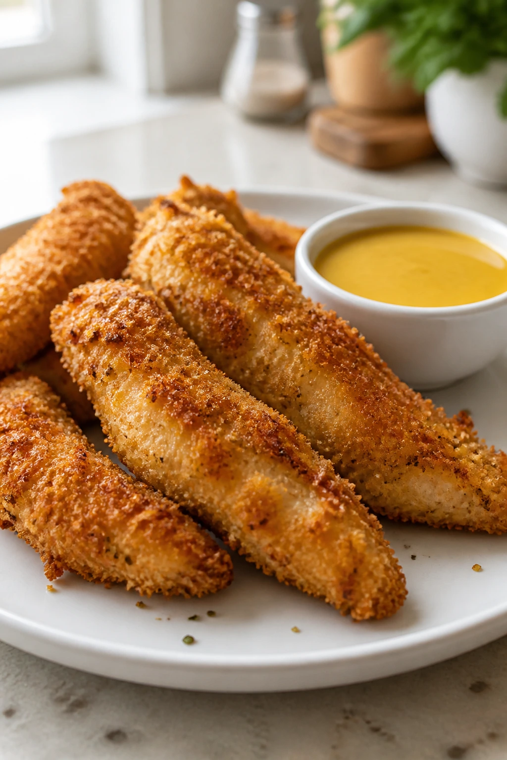 Close-up of crispy baked chicken tenders with honey mustard on a plate.