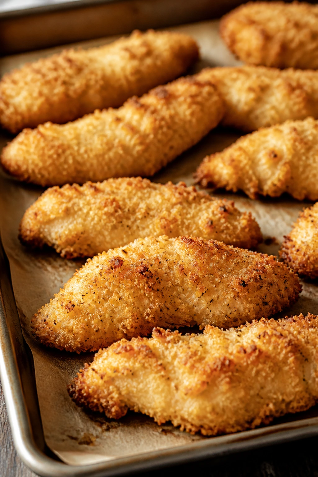 Golden oven-baked chicken tenders with crisp crust on parchment.