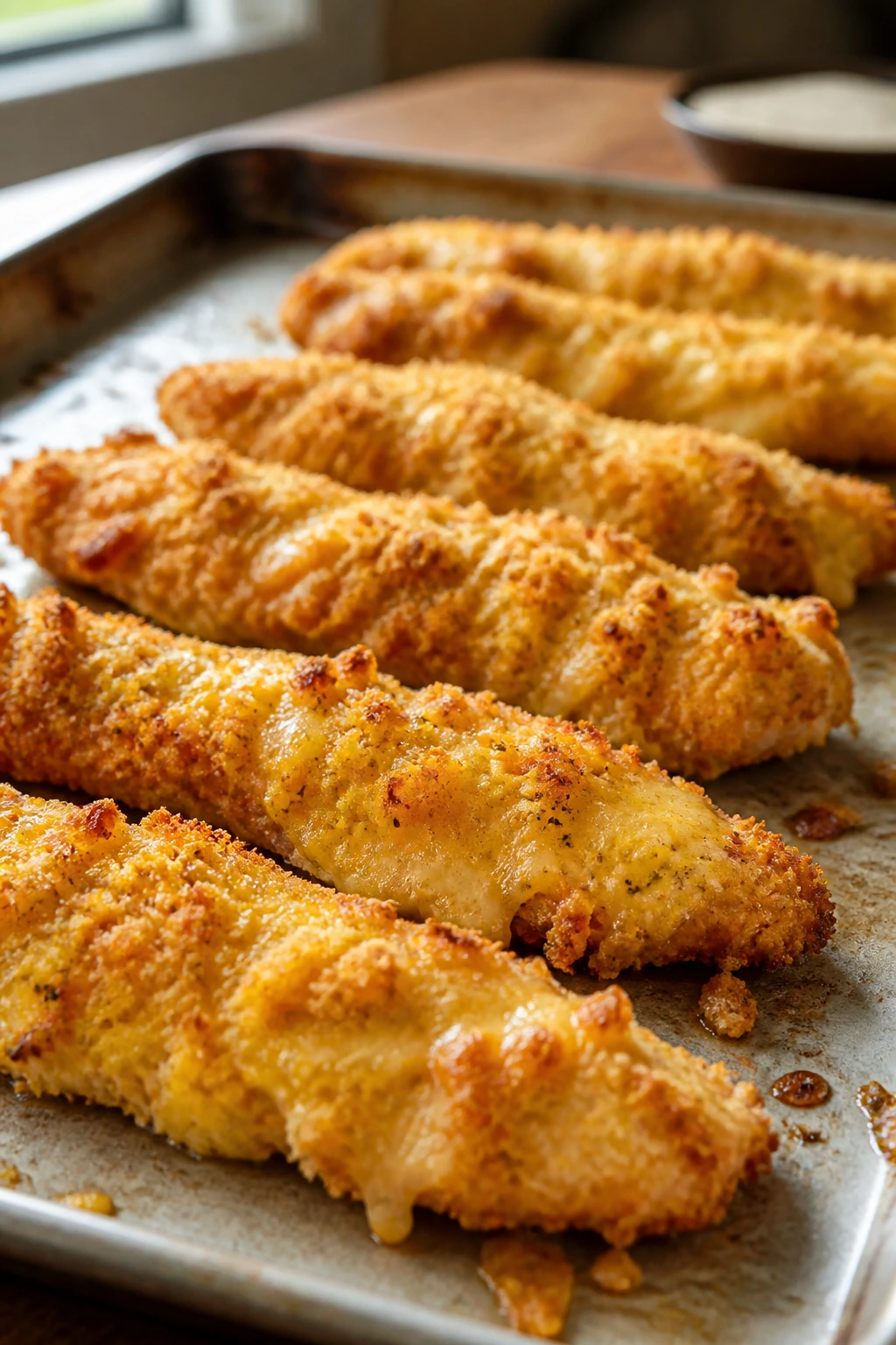 Close-up of parmesan-crusted baked chicken tenders