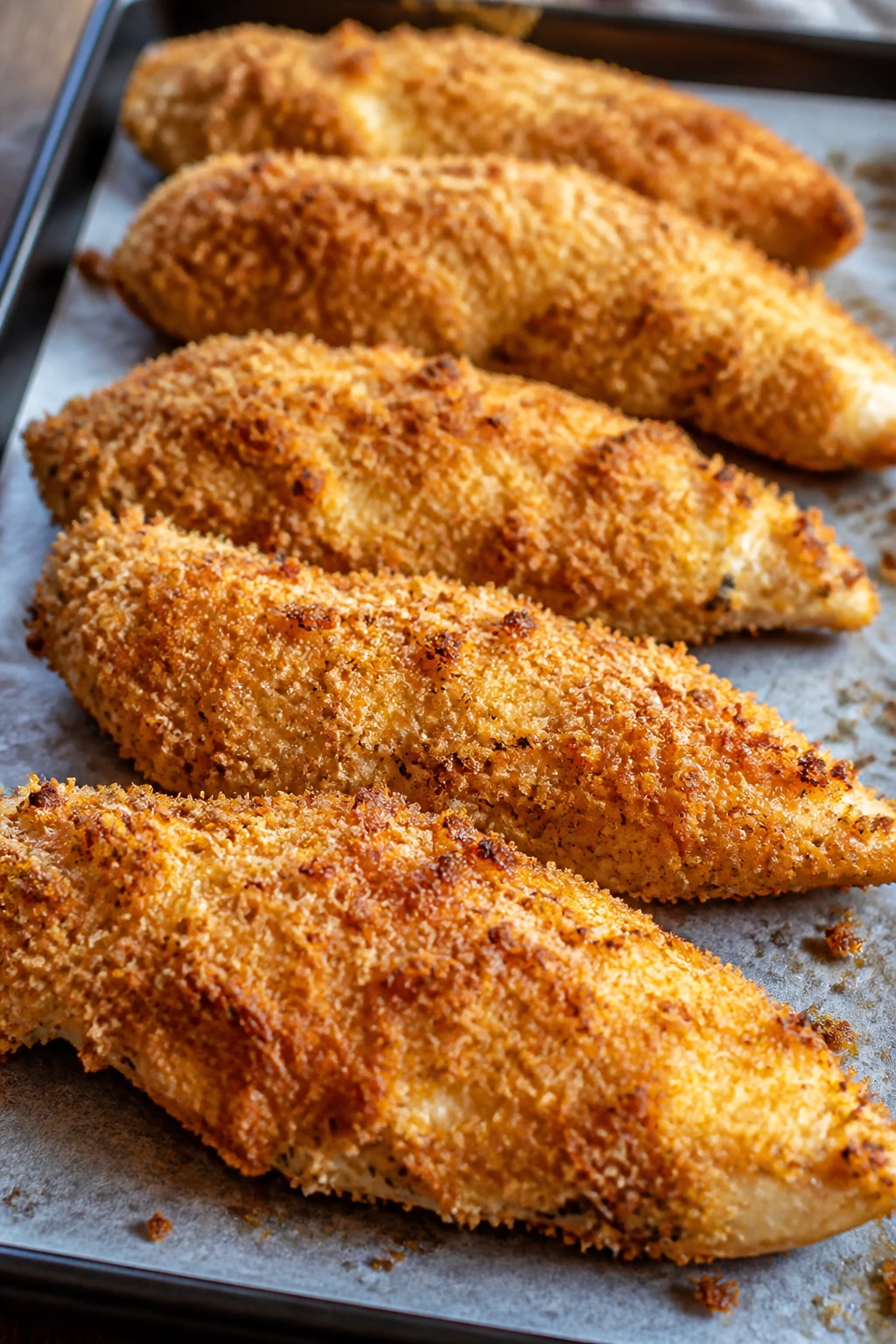Crispy parmesan chicken tenders arranged on a baking sheet