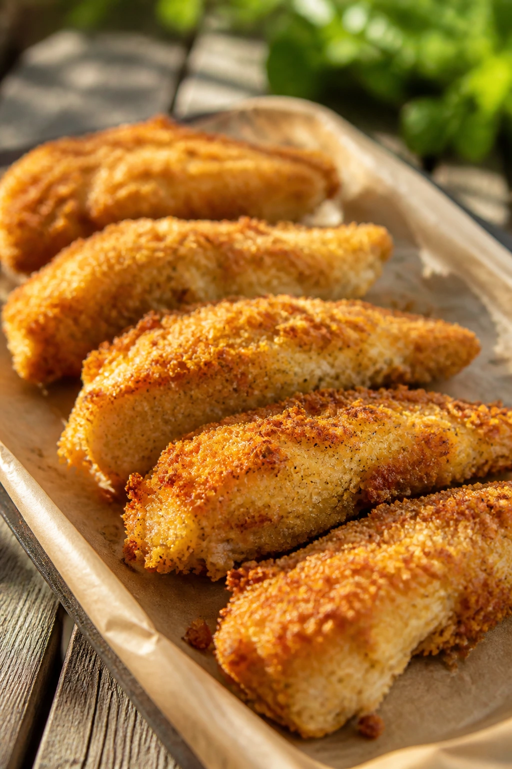 Crispy parmesan-crusted chicken tenders on a wooden tray outdoors