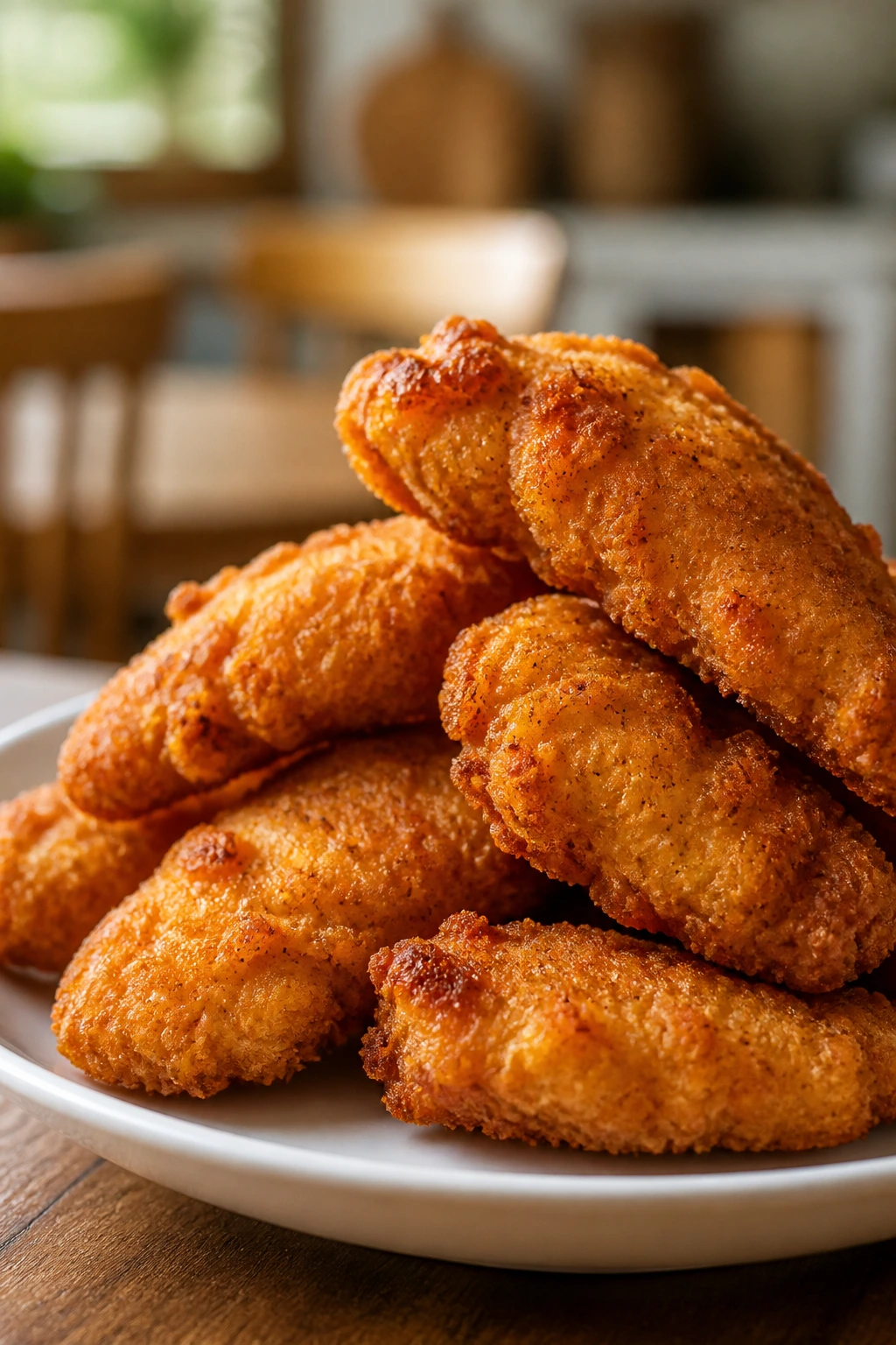 Close-up of chicken tenders on a plate in a home kitchen.